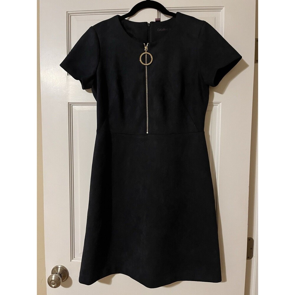 Calvin Klein Women’s Size 8 Navy Solid Round Neck Short Sleeve A-Line Zip Dress